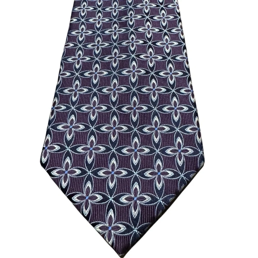 Jos. A Bank Geo Medallion Geometric Tie Dark Plum Purple Navy 100% Silk